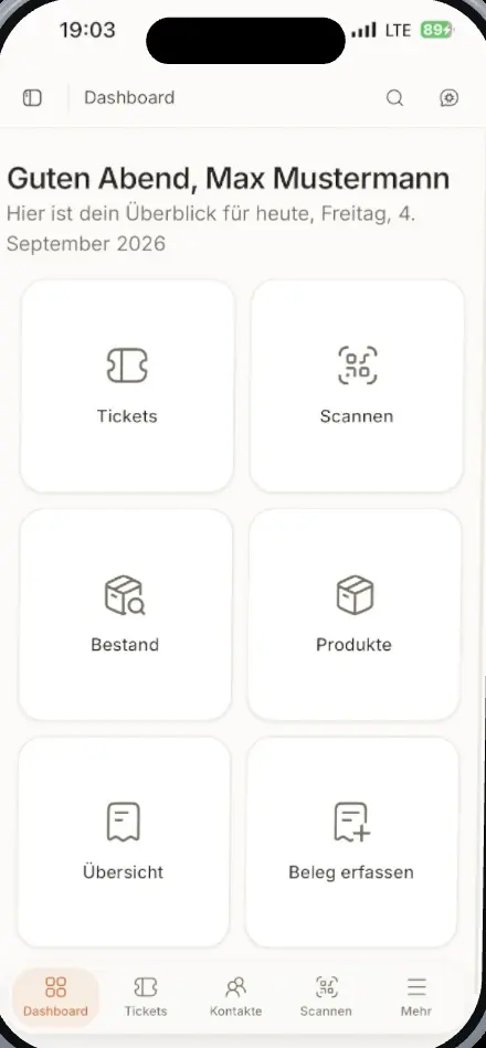 SimpliServ App am Handy mit Kundenaufträgen, Bestand und Rechnungen