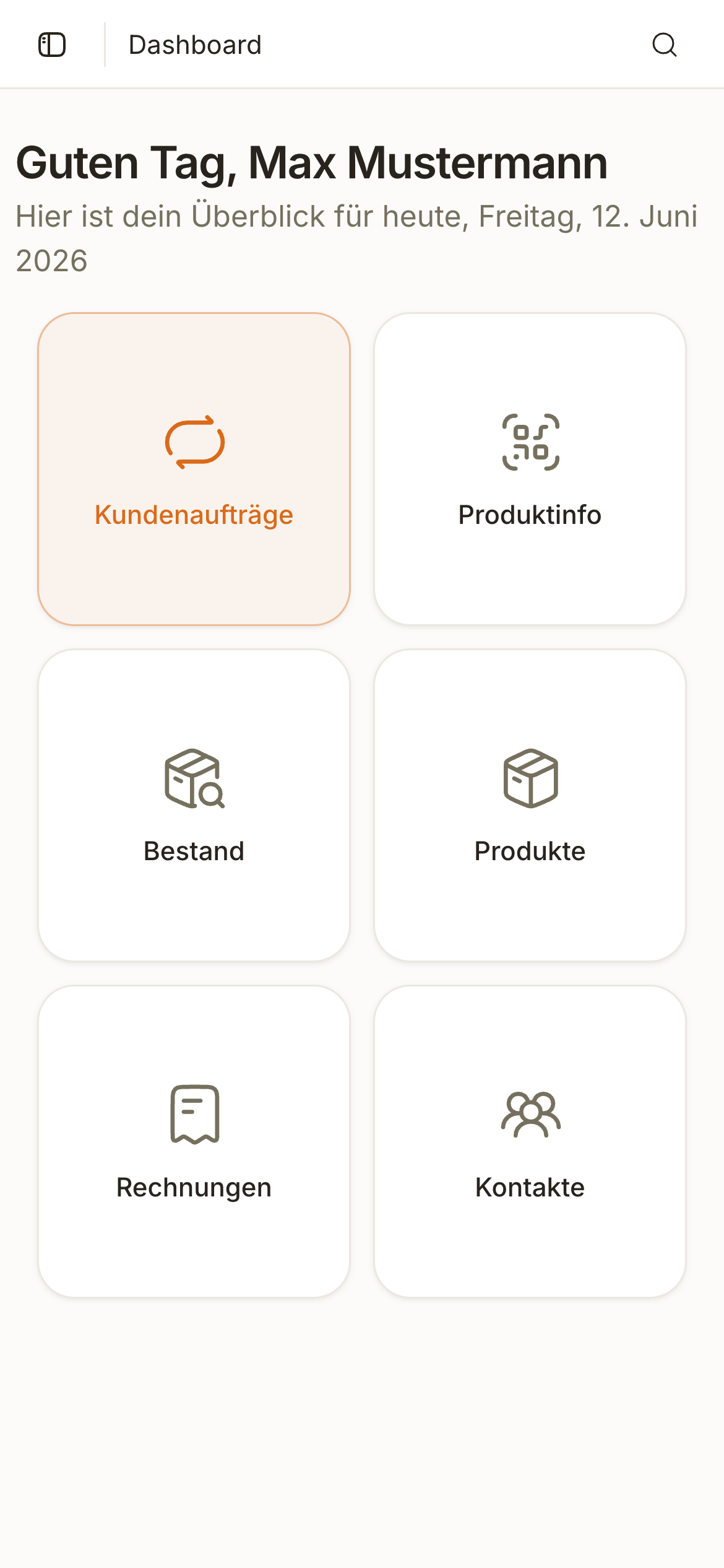 SimpliServ App am Handy mit Kundenaufträgen, Bestand und Rechnungen